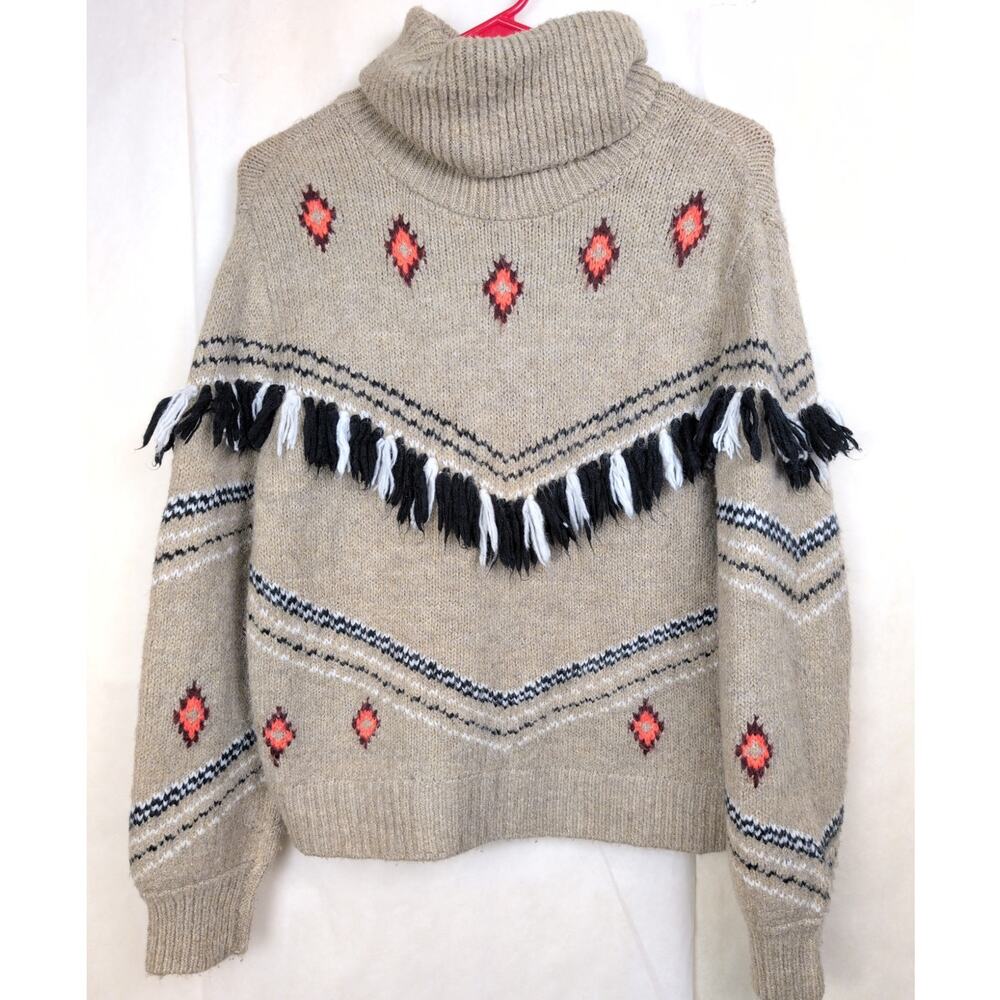Lou and Grey cowl neck fringe sweater Large Tan Western Boho Country Cabin